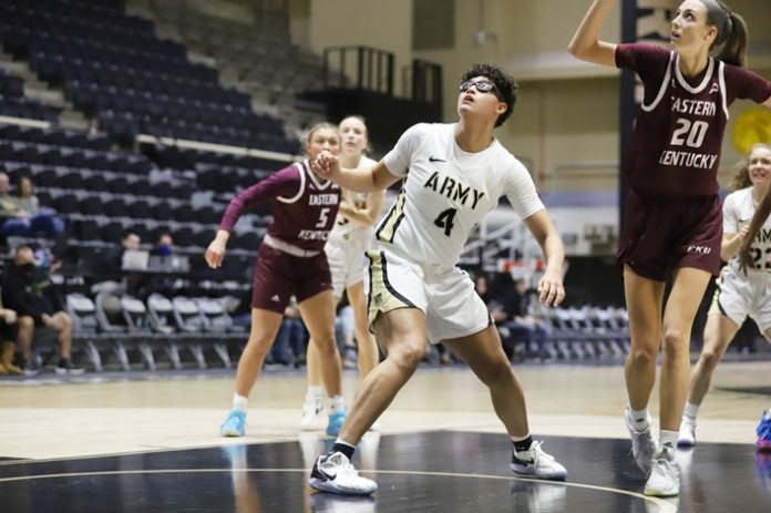 Army West Point women’s basketball team fell to Lehigh in the Patriot League Conference play opener; pictured above Black Knights Kamryn Hall.