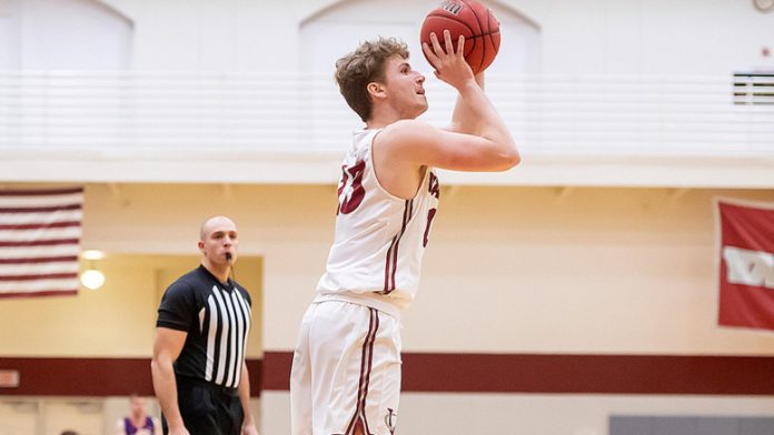 Senior Kevin McAuliffe dropped in nine points for the Brewers as they fall to 7-5 overall and 4-2 in Liberty League play while the Saints improved to 7-5 overall and 3-2 in conference action. Photo: Carlisle Stockton