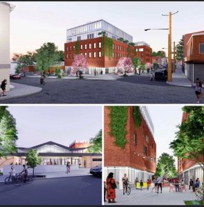These photos are renderings of what Washington St. School is being development into, a mixed-use commercial residential site with a brewery and other restaurants, apartments, and a small park.