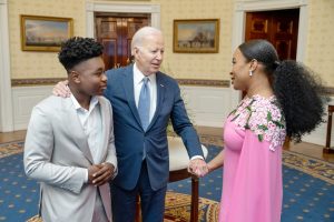 President Joe Biden greets cast members Jalyn Hall and Danielle Deadwyler before a screening of the movie “Till”, Thursday, February 16, 2023, in the Blue Room of the White House. Photo: Adam Schultz