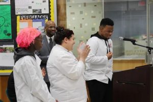 Scholars in culinary arts, a Career and Technical Education program at Mount Vernon High School, presented at the Board of Education meeting.