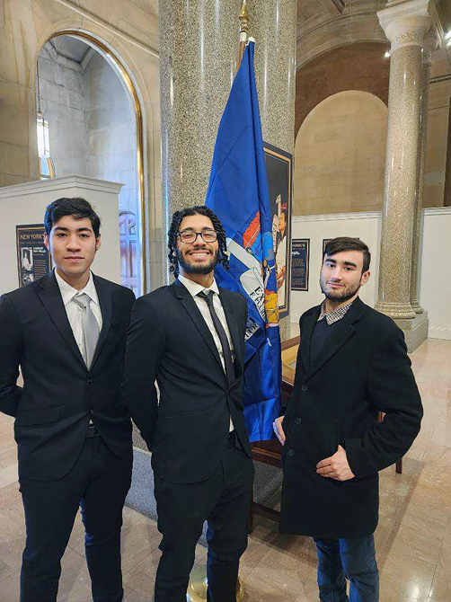 From left, Jonah Martinez, David Rosario and D’Jean Nikitov pose for a photo while recently participating in the SUNY Student Assembly’s “Advocacy Day” in Albany.