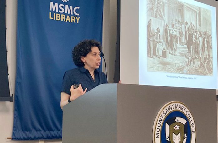 Sarah Silkey, Professor of History and Economic Justice at Lycoming College in Pennsylvania, was at Mount Saint Mary College Thursday.