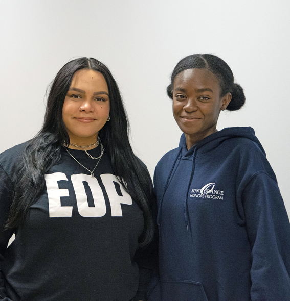 The photo ID is as follows: SUNY Orange students Rancelli Burdier (left) and Laurie Atiste are recipients of the 2023 SUNY Chancellor’s Award for Student Excellence.