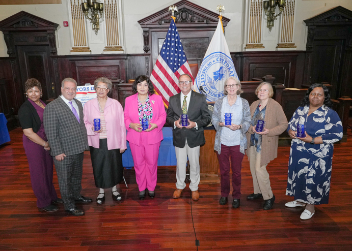 Yonkers City Council Majority Leader Tasha Diaz, Yonkers Mayor Mike Spano, Loretta Poole, Evelyn Sahawneh, Armand Grasso, Mary Mullady, Dorothy Clarke and Felicia Medley, Mayor Spano honors six senior volunteers as part of the Mayors Day of Recognition for National Service.