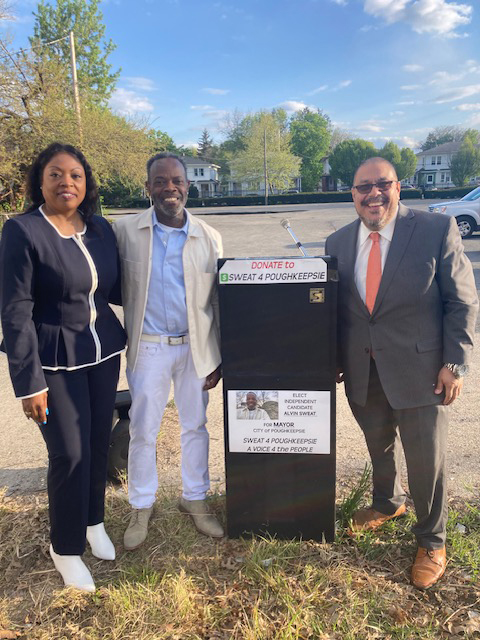 Alvin Sweat, pictured in middle, announced last Monday his bid to run as an independent candidate for the position of City of Poughkeepsie Mayor. Sweat is flanked by his wife of close to 20 years, Pearlie, with whom he runs Daddy’s Daycare Christian Center in the City of Poughkeepsie and his Campaign Manager, Reverend Daniel Evega.