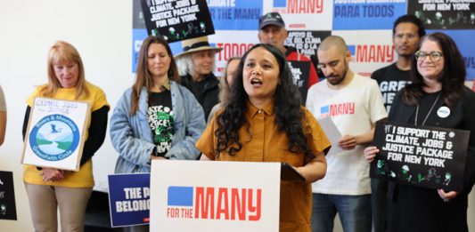 Grassroots organization For the Many held two Kingston rallies in support of passing critical housing and climate legislation before the state legislative session ends, including Good Cause Eviction and the NY HEAT Act.