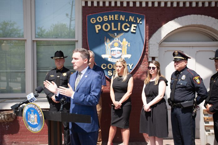 NYS Senator James Skoufis (D-Hudson Valley) joined advocates and partners in local law enforcement at the Village of Goshen Police Department on Friday to announce a significant change to state law. Hudson Valley Press/CHUCK STEWART, JR.