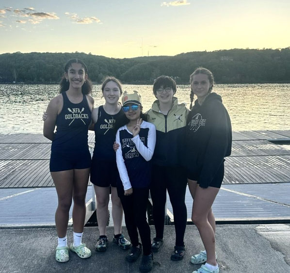 The NFA Varsity Goldbacks Rowing team Girls Junior 4+ took second place overall (silver) in the Novice & Varsity Triangulars at the Hudson River Rowing Association Boathouse in Poughkeepsie this season.