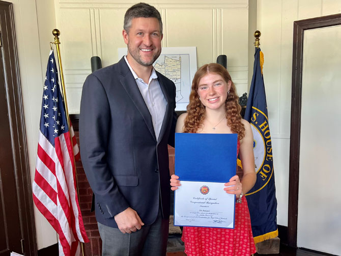 Pat Ryan held a reception to honor high school students from NY-18 who submitted their artwork for the 2023 Congressional Art Competition. Ella Brassard from New Paltz High School won the Facebook Fan Contest, as selected by the constituents of NY-18.