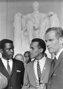 Civil Rights March on Washington, D.C. [Actors Sidney Poitier, Harry Belafonte, and Charlton Heston.], 08/28/1963.