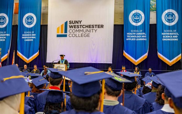President Belinda Miles addresses graduates and guests at SUNY Westchester Community College’s Commencement ceremony. Photo: SUNY Westchester Community College