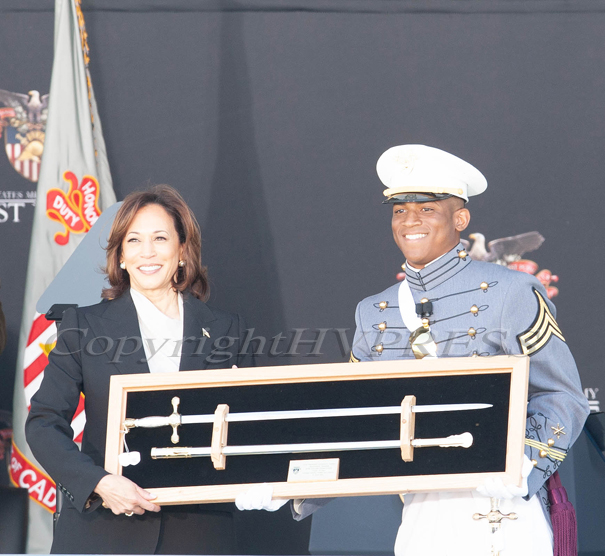 Class President, Cadet Melic Belong presented the Vice President of the United States with a Cadet Sabre on behalf of the Class of 2023 during the United States Military Academy Class of 2023 graduation and commissioning ceremony held on Saturday, May 27, 2023 in West Point's Michie Stadium where Vice President of the United States Kamala Harris was the commencement speaker. Hudson Valley Press/CHUCK STEWART, JR.