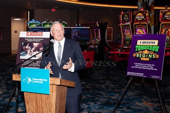 Robert DeSalvio, President Genting Americas East, offers remarks as the Gaming Commission, OASAS, NYCPG and Resorts World Hudson Valley highlighted the NY Responsible Gaming Programs at Resorts Hudson Valley on Thursday, June 15, 2023. Hudson Valley Press/CHUCK STEWART, JR.