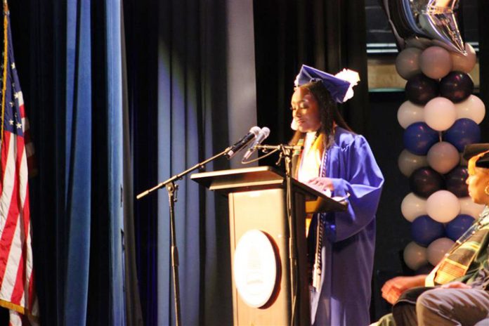 Poughkeepsie High School Valedictorian Amira Ibrahim speaks during the commencement ceremony.