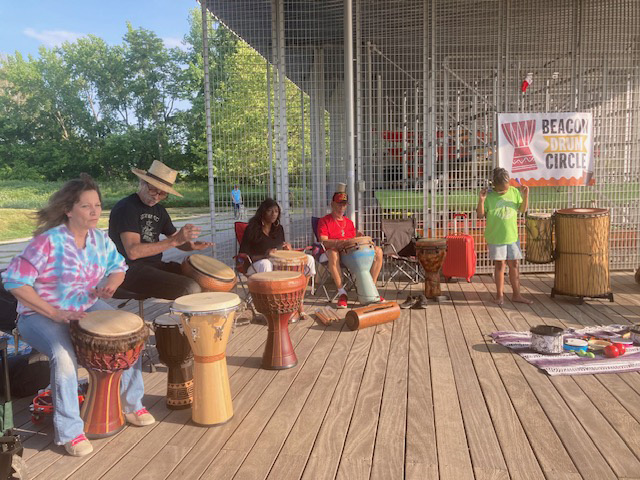 Outdoor drumming summer entertainment fun has returned, every Thursday night at Beacon’s Long Dock.