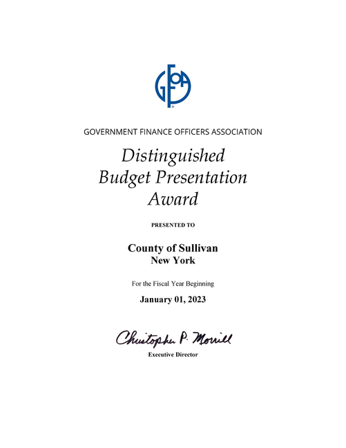Once again, the Sullivan County Budget Office has earned the Distinguished Budget Presentation Award from the Government Finance Officers Association (GFOA).