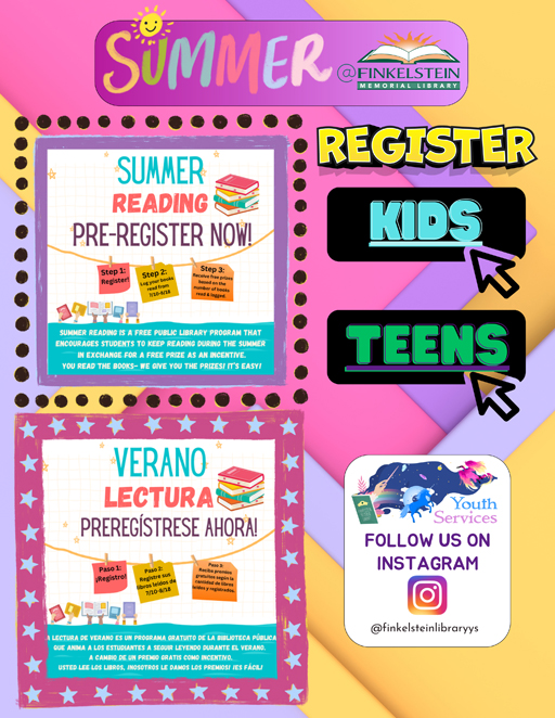 The Youth Services Department at the Finkelstein Memorial Library we want to inform you of a summer program called “Summer reading”.
