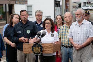 Governor Kathy Hochul visited Highland Falls and provided an update on the storms causing widespread flooding in the Mid-Hudson and Finger Lakes regions, with more than eight inches of rain falling within a 24-hour period in some locations. Photo: Don Pollard