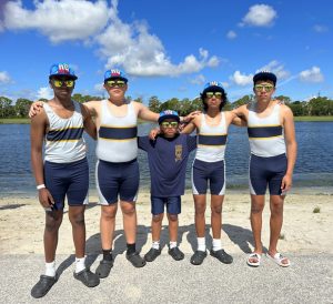 SMA Mens U15 4x+ Boat B: Diego VIdals, Bryan. Perez, Gustavo Laureano, Ayden Garcia, and Steve Mayancela (Coxswain) pose for a photo.