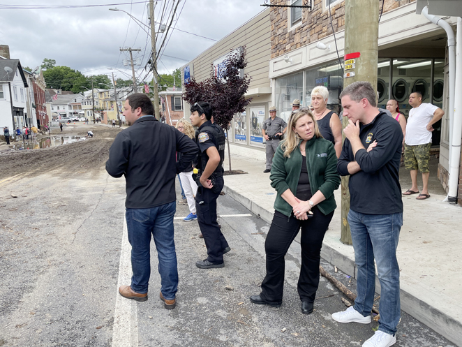 Senator Skoufis surveys the damage in Highland Falls on July 10 2023 with DEC Region 3 Director Kelly R. Turturro and other state and local partners.