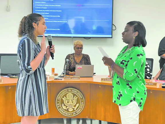 Ana De Leon Paez, 12th-grade student at Mount Vernon High School, was sworn in as the new student trustee at the Board of Education reorganizational meeting on Thursday, July 6, 2023.