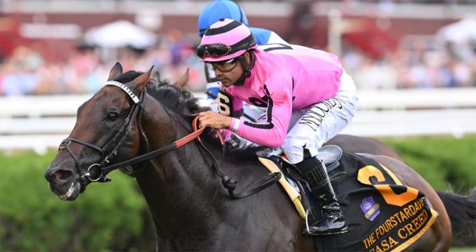 Casa Creed successfully defended his title with a late surge to collar Grade 1-winner Annapolis and notch a three-quarter length score in Saturday’s Grade 1, $500,000 Fourstardave Handicap. Photo: Chelsea Durand