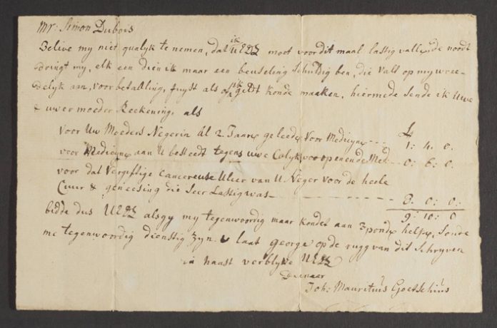 Demand for payment, circa 1770, in Dutch for Simon DuBois to cover medical expenses, including care administered to Simon’s “mother’s Negro woman” and “that poisonous cancerous ulcer of your Negro, for the whole course and healing which was very difficult.”
