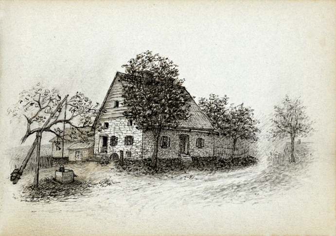 Jean Hasbrouck House, late 1800s. Drawing by Alfred Hasbrouck. HHS Archives.