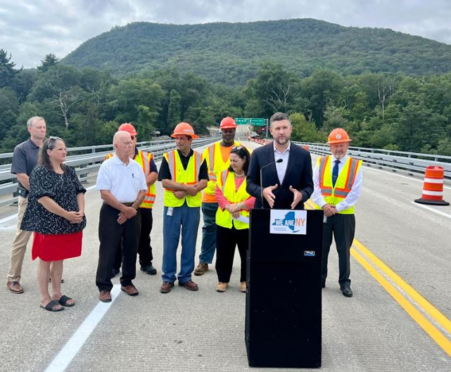 Congressman Pat Ryan announces reopening of Route 9W-Popolopen Bridge less than 4 weeks after devastating flood. Project funded by FEMA Major Disaster Declaration, rapidly repaired by combined state, county and local effort.