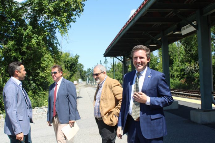 Senator James Skoufis gathers with fellow legislators and local stakeholders to announce major wins for west-of-Hudson riders on August 23, 2023.