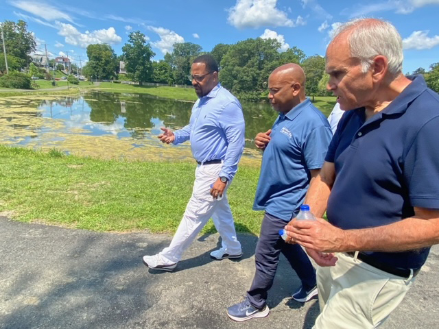Pictured with Speaker Carl Heastie at Downing Park in Newburgh are (from left to right): Newburgh Mayor Torrance Harvey and Assemblymember Jonathan G. Jacobson.
