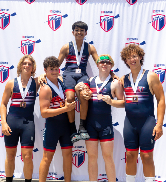 Two San Miguel Academy rowers participated in USRowing’s official Youth Development Camp. Gustavo Laureano and Oscar Liendo, 2023 graduates of San Miguel Academy, were invited to attend the camp in Chattanooga as coxswains. Pictured above Coxswain Oscar Liendo, center, with his quad team.