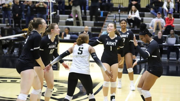 The Army West Point volleyball team defeated the American University Eagles in a four-set thriller.