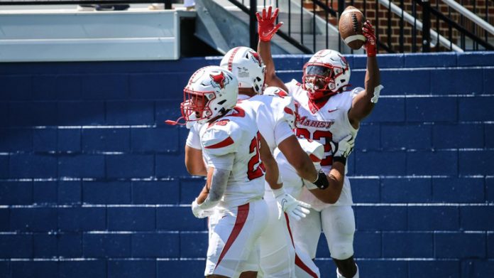 Marist Running Back Tristan Shannon had a touchdown and 151 yards in kickoff returns. Photo: Harrison Baker