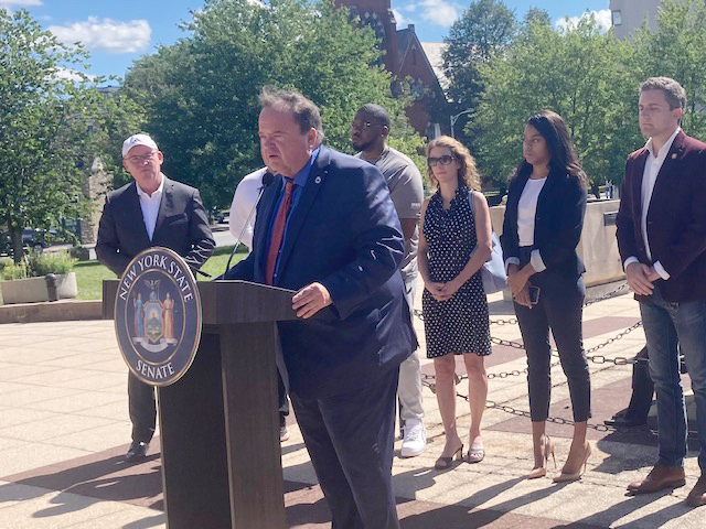 City of Poughkeepsie Mayor, Mark Nelson, expresses words of gratitude for a recent $160,000 fund awarded to his City Thursday afternoon outside of City Hall in the City of Poughkeepsie. The much- needed monies will help strengthen public safety, support youth as well as prevent violence.