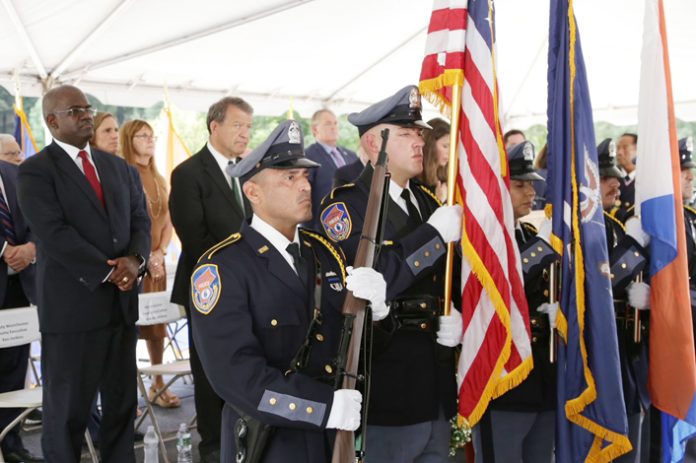 At the 22nd anniversary of the September 11th attacks, the Westchester County Department of Public Safety Color Guard present the colors.