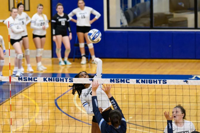 Jonaiya Williams had 12 kills and one block in the first game against the Kean University Cougars. Photo: Lee Ferris