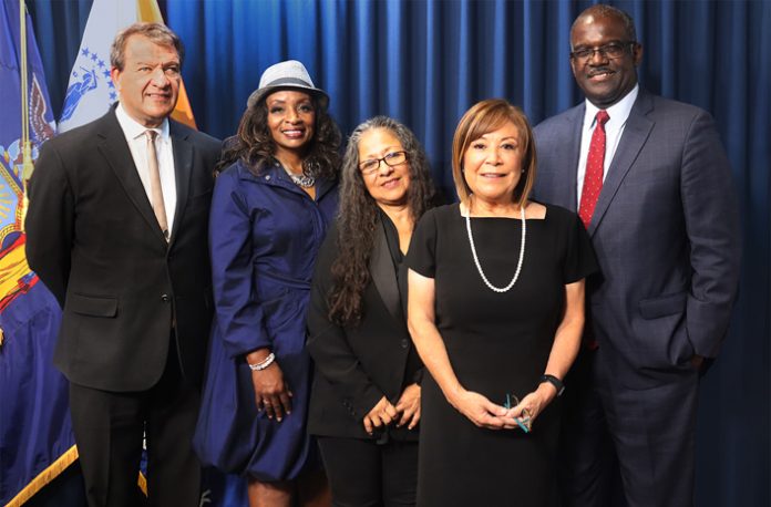 County Executive George Latimer; Keica Palmer-Cousins, CEO of Aero-Ba-Soul, Inc; Daisy Briones, President of IQ Contracting, Inc; Martha Lopez, Director of Minority and Women Owned Business Development; and Deputy Executive, Ken Jenkins.
