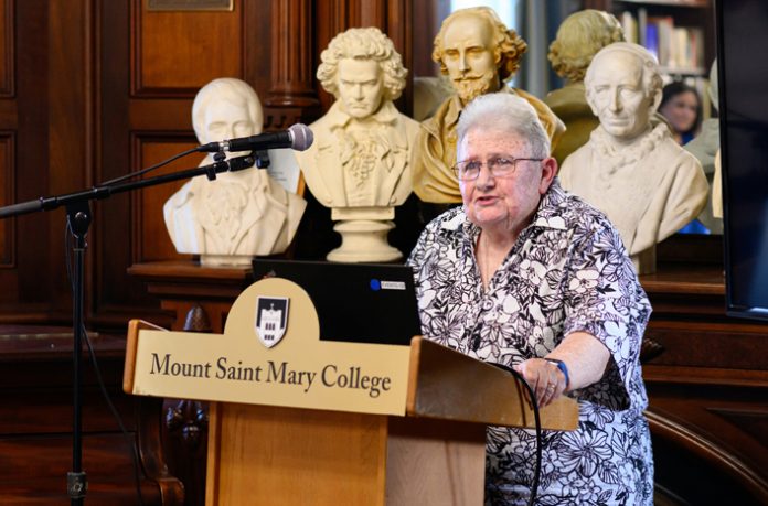 Sr. Catherine Walsh, OP, a Dominican Sister and Mount Saint Mary College professor emerita of Communications, gave the keynote speech at the Founders Day dinner reception on Wednesday, October 3. Photo: Lee Ferris