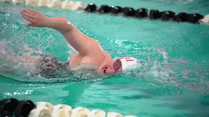 Sophomore Sarah Shein was victorious in the 500 freestyle with a time of 7:00.23. Photo: Jalen Smiley