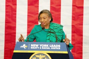 New York State Senator Andrea Stewart-Cousins offers remarks last Tuesday after New York Governor Kathy Hochul signed legislation on racial equity.