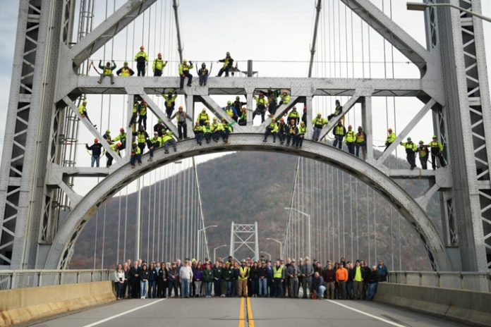 Bear Mountain Bridge photo recreated of a 1924 photograph of construction crews and others.