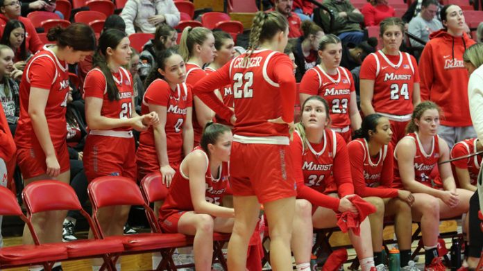 Marist women’s basketball came up short on the road against Cornell, 74-61, Thursday afternoon inside Newman Arena. Pictured Marist Women’s basketball huddle during a game.