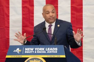 Speaker Carl Heastie offers remarks last Tuesday after his legislation was signed by New York Governor Kathy Hochul.