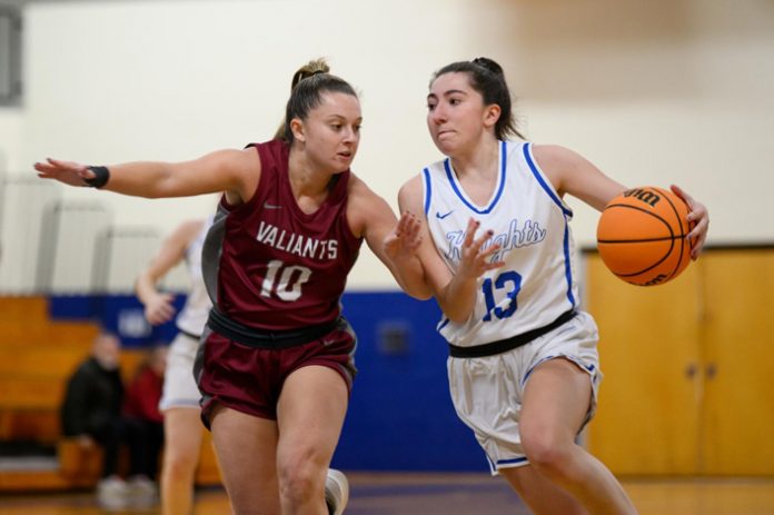 The Mount Saint Mary College Knights continued their impressive conference run with a resounding 73-26 victory over the Sarah Lawrence Gryphons led by Charlotte Twohig’s game-high 21 points, including four three-pointers. Photo: Lee Ferris