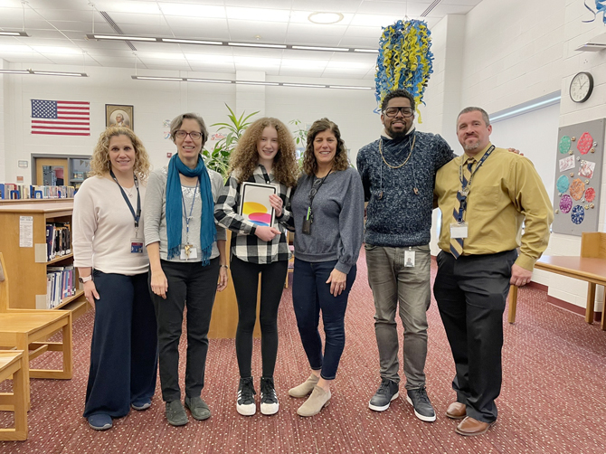 Rombout Middle School’s Assistant Principal Amanda Pucino, Rombout Middle School’s Head of International Study Erica Hughes, HHM Runner-up Davia K., Rombout Middle School’s Spanish Teacher Karen DeCandia, Optimum’s Jay Keel, Rombout Middle School’s Principal Brian Soltish.