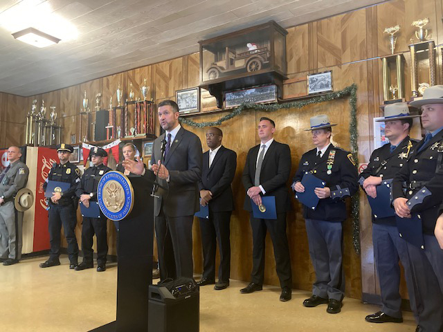 Congressman Pat Ryan speaks at a firehouse in Wappingers Falls Thursday morning honoring the heroic first responders at a gas explosion on November 2, 2023.