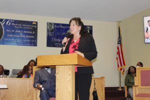 Dutchess County Executive Sue Serino greets the crowd at the Dr. Martin Luther King Jr. Commemorative Service at Beulah Baptist Church.