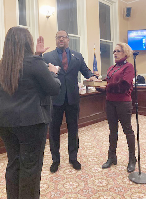 City of Newburgh Mayor, Torrance Harvey, takes the official oath for his position at Monday’s City of Newburgh Council Meeting. Harvey’s wife is holding the Bible during the Swearing-in Ceremony.